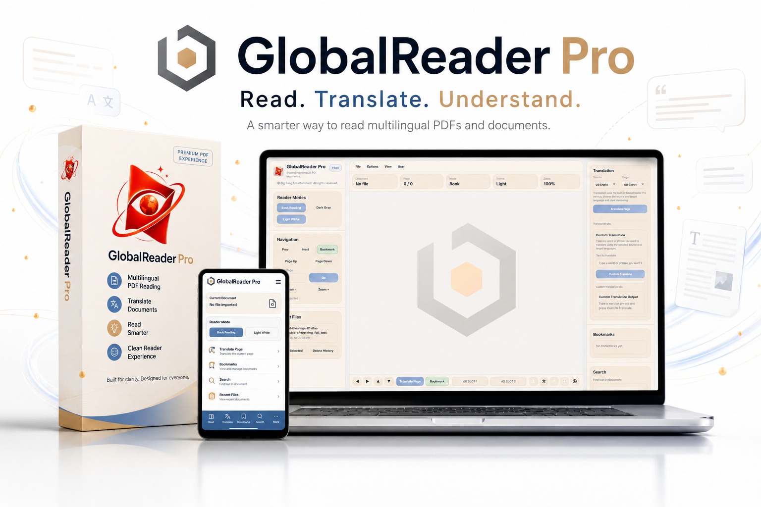 GlobalReader Pro banner with packaging, laptop and mobile interface preview
